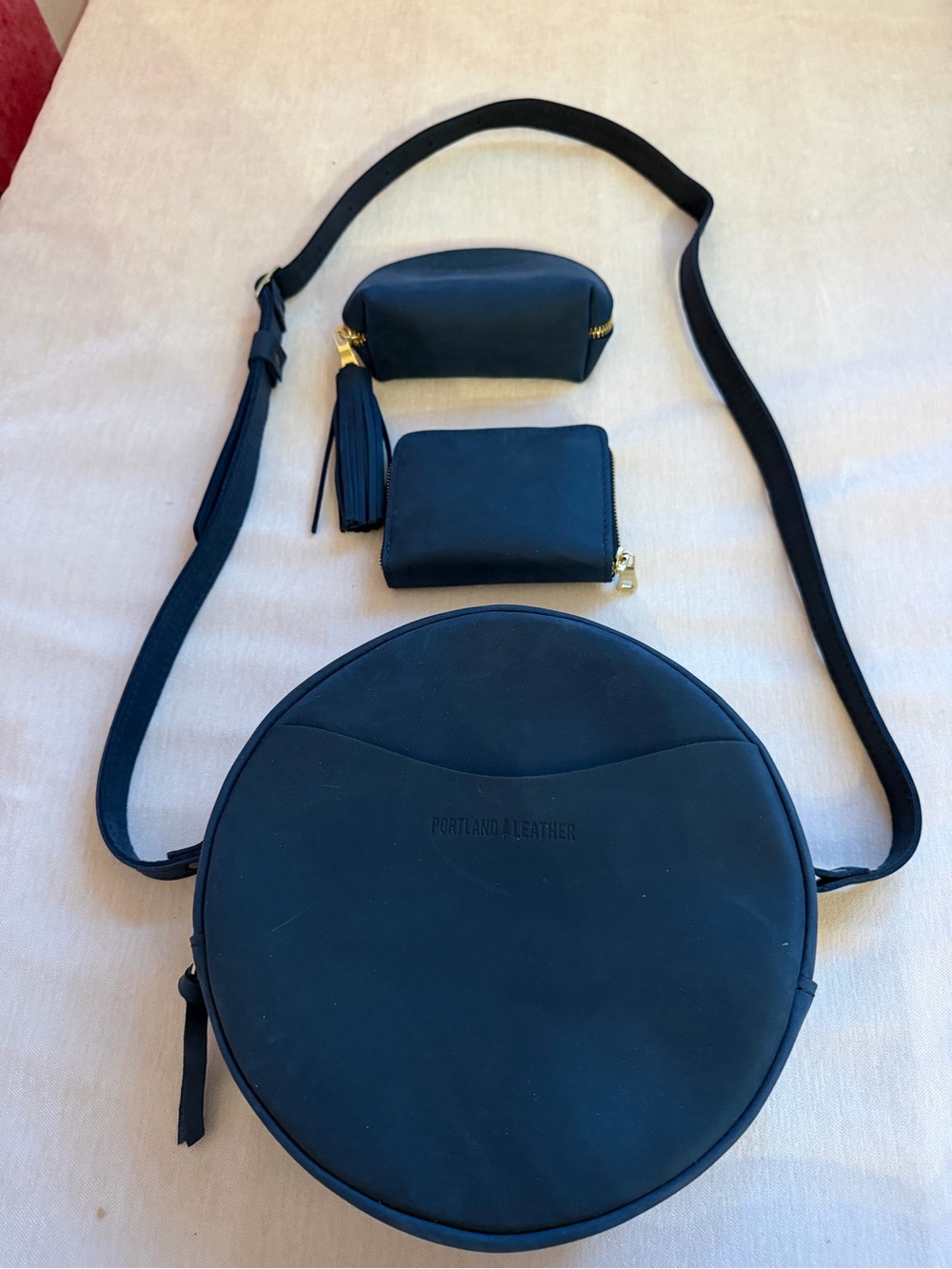 Portland Leather Deep Blue Round Crossbody Set with Coin Pouch & Mini Wallet